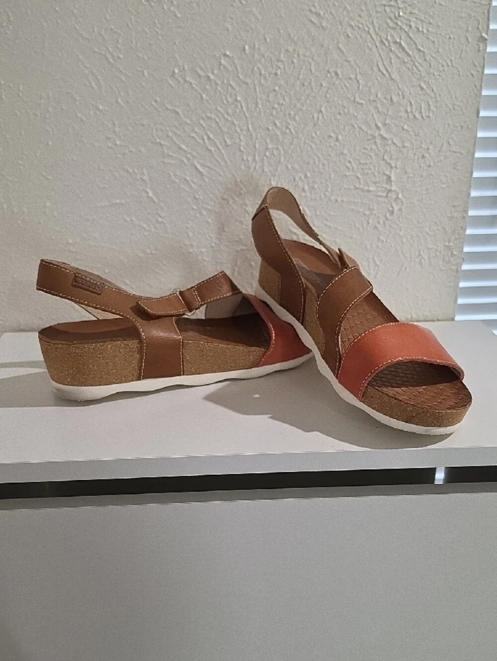 PIKOLINOS Tan and Coral Wedge Sandals